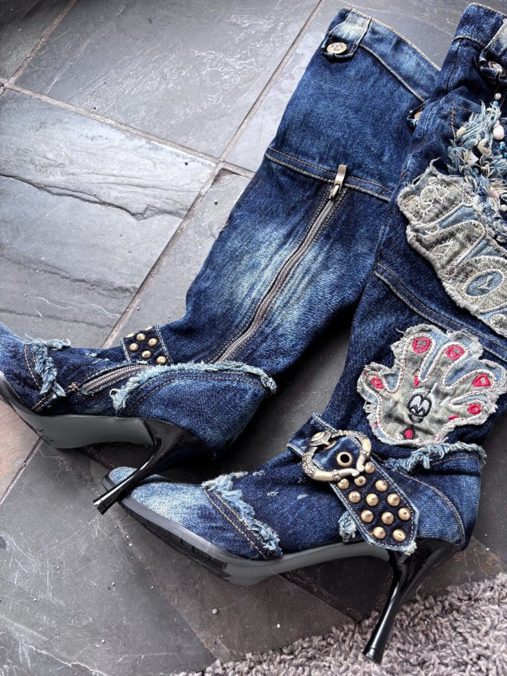 Lorie & knight women’s denim patchwork boots Y2K size 38/US 7.5 novelty